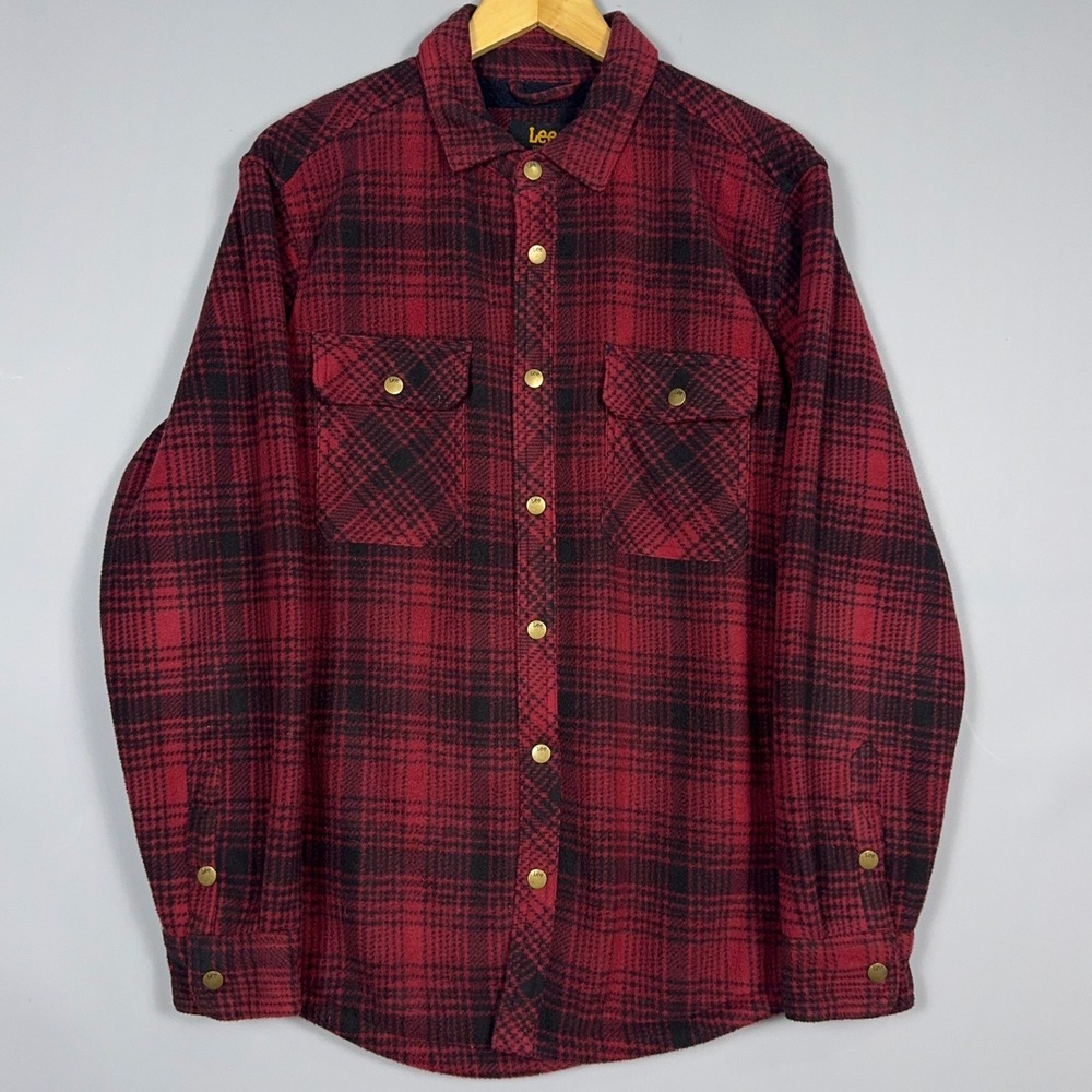 Lee Plaid Overshirt Mens Size Medium Fleece Lined Plaid Red Shirt Jacke